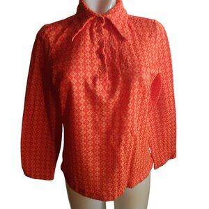 Medium 12 Vintage 1970s Womens Hot Orange Long Sleeve Geometric Button-Up Blouse
